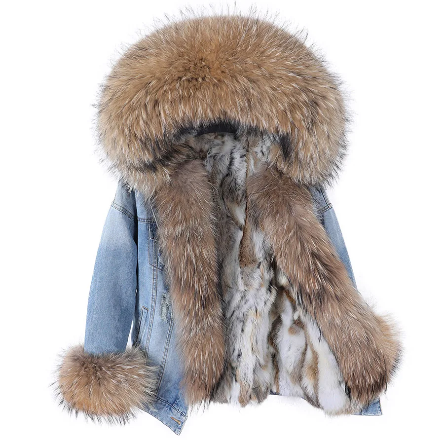 Top Trends: Maomaokong Denim Jacket Parka Winter Women Parkas Real Fur Collar Coat Natural Raccoon Fur Hood Real Rabbit Fur Liner Luxury Shoppable Styles