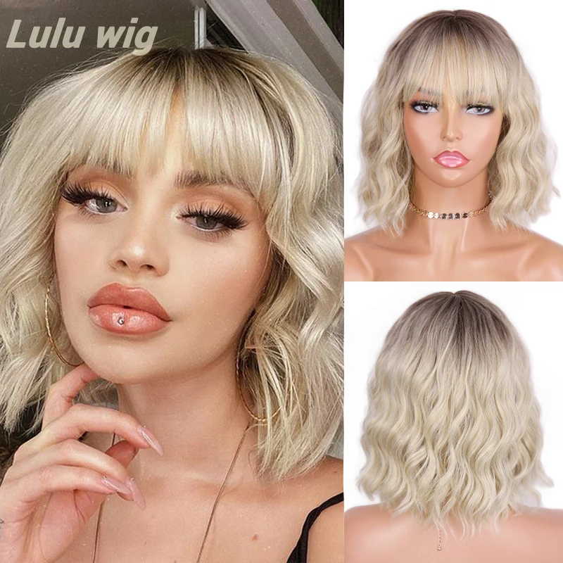 Top Trends: Short Ombre Blonde Wigs Wavy Bob Wig With Air Bangs Women's Synthetic Curly Pastel Bob Wig For Girl Colorful Cosplay Wigs Shoppable Styles