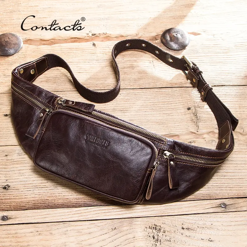 Top Trends: CONTACT'S Cow Leather Men Waist Bag New Casual Small Fanny Pack Male Waist Pack For Cell Phone And Credit Cards Travel Chest Bag Shoppable Styles