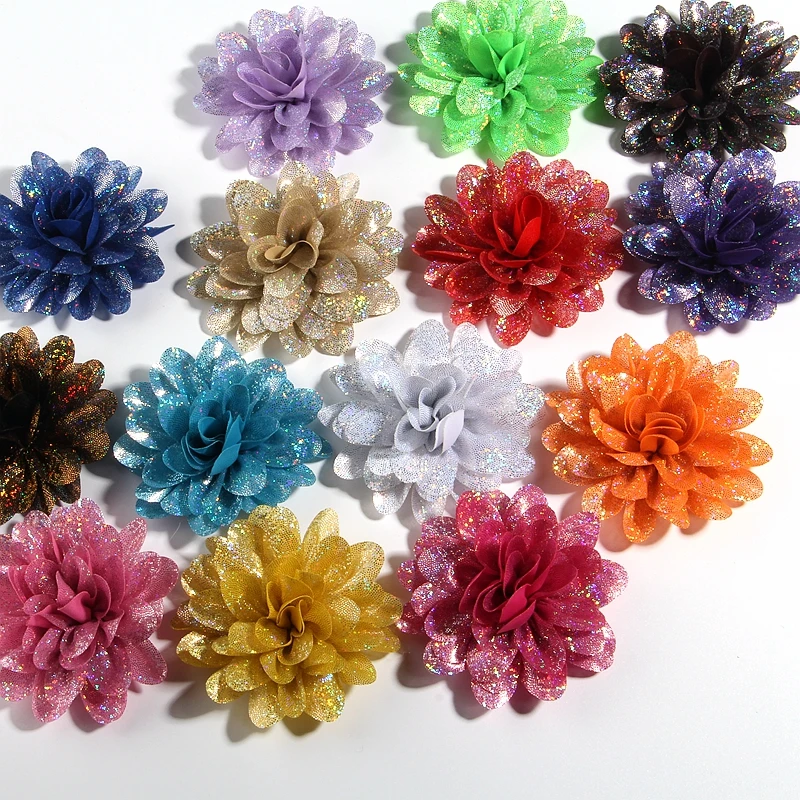 Top Trends: 10PCS 8CM 3.1" Fashion Artificial Metallic Fabric Flower For Hair Accessories Chiffon Shiny Hair Flowers For Wedding Boutique Shoppable Styles