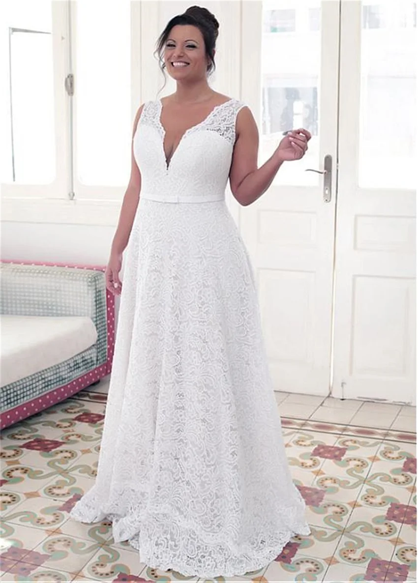 Top Trends: Vintage Lace Sexy V-Neckline A-line Plus Size Wedding Dresses With Bowknot White Lace 22W Bridal Gowns Simpel Vestido De Noiva Shoppable Styles