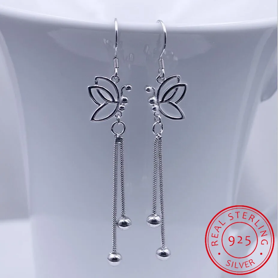 Top Trends: 925 Sterling Silver Butterfly Long Tassel Beads Drop Earrings For Women Boucle D&#039;oreille Oorbellen S-E65 Shoppable Styles