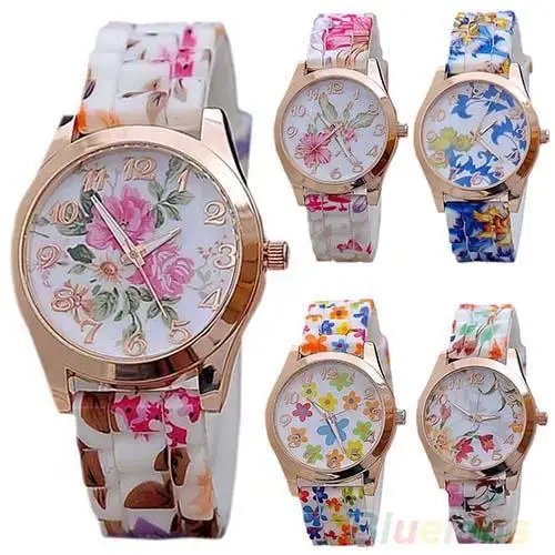 Top Trends: Vintage Women Watch Flower Print Silicon Band Clock Numerals Alloy Dial Quartz Wrist Watch Reloj Mujer Ladies Watch Gift Shoppable Styles