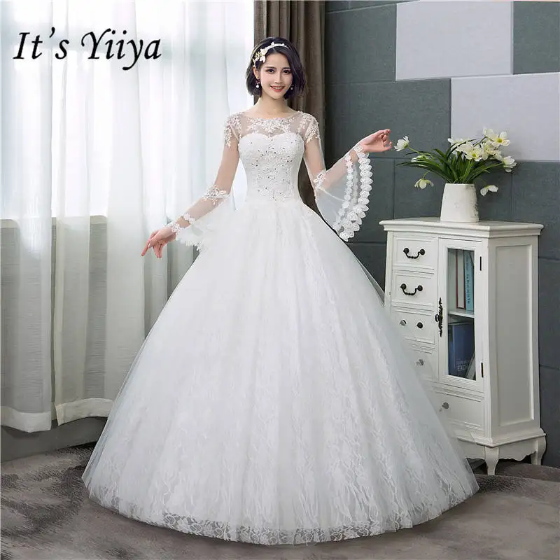 Top Trends: It&#039;s YiiYa New Long Flare Sleeve Wedding Dresses Simple O-neck Back Lace Up Wedding Gown HS283 Shoppable Styles