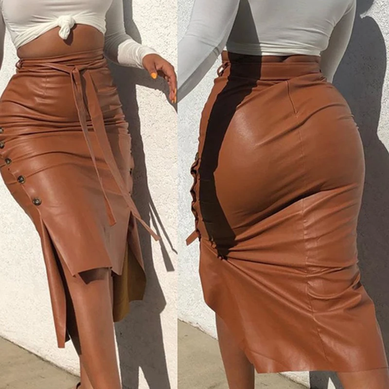 Top Trends: Women Skirt Female Drawstring High Waist Pleated Asymmetrical Outfits Elegant Ladies Solid Bag Hip Clothing PU Leather Shoppable Styles