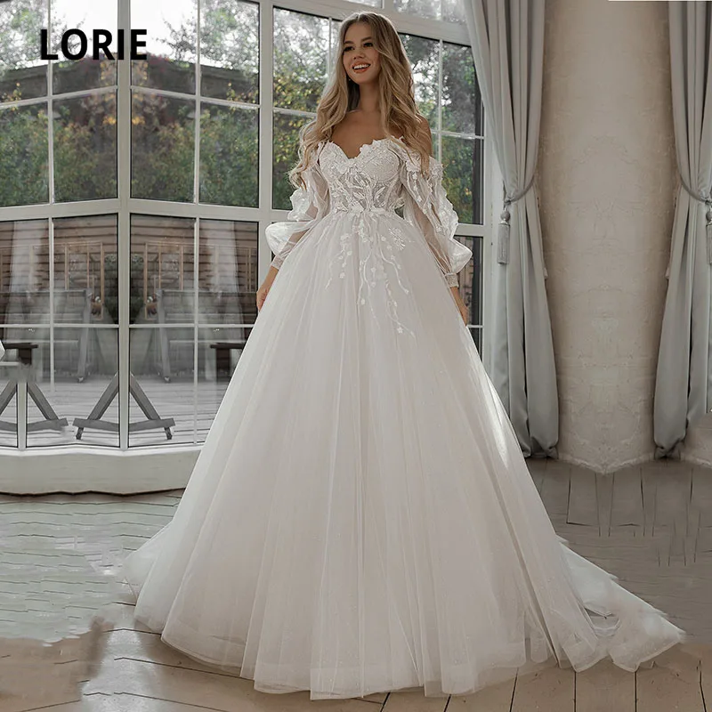 Top Trends: LORIE Glitter Wedding Dresses Puff Sleeve Appliques Lace 3D Flowers Off Shoulder Tulle Boho Bride Gown 2021 Vestidos De Novia Shoppable Styles