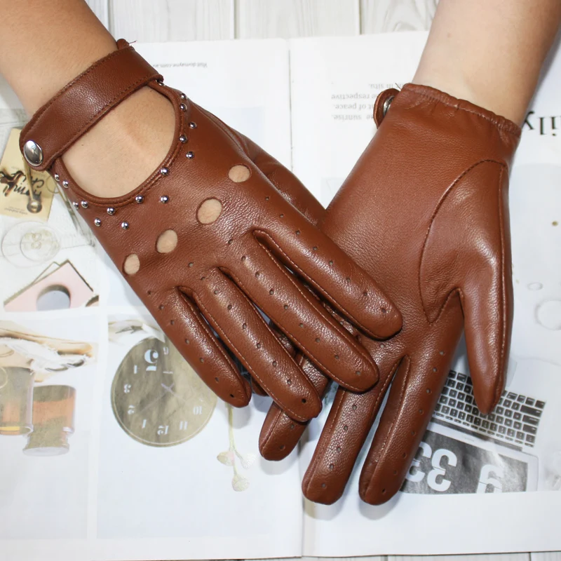 Top Trends: New High-quality Women&#039;s Goatskin Full-finger Gloves Leather Fashion Rivets Single-layer Unlined Thin Driving Gloves Shoppable Styles