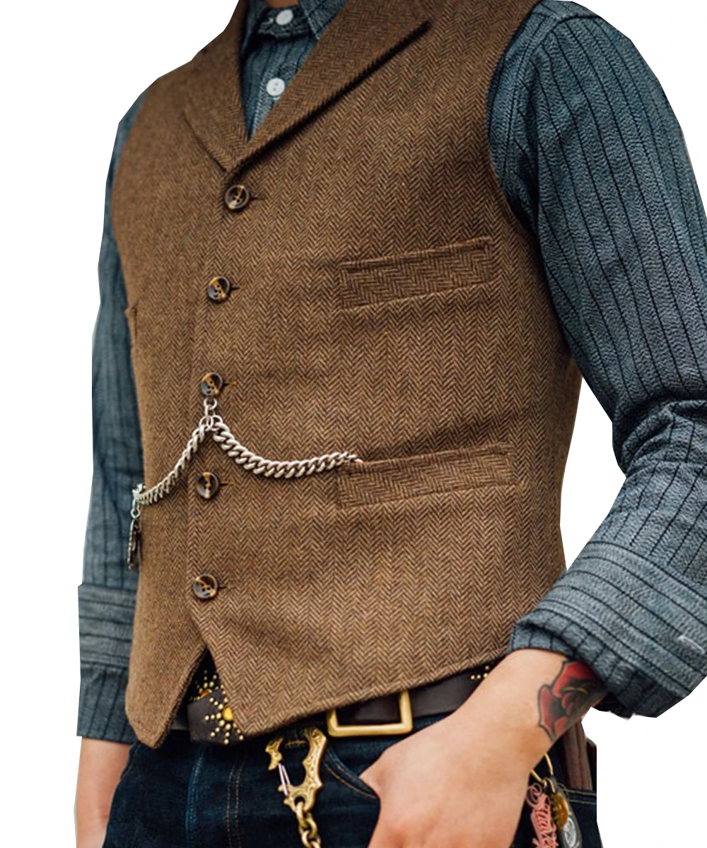 Top Trends: Business Mens Suit Vest Lapel V Neck Wool Herringbone Casual Brown Waistcoat Casual Formal Groomsman Jacket For Wedding Shoppable Styles