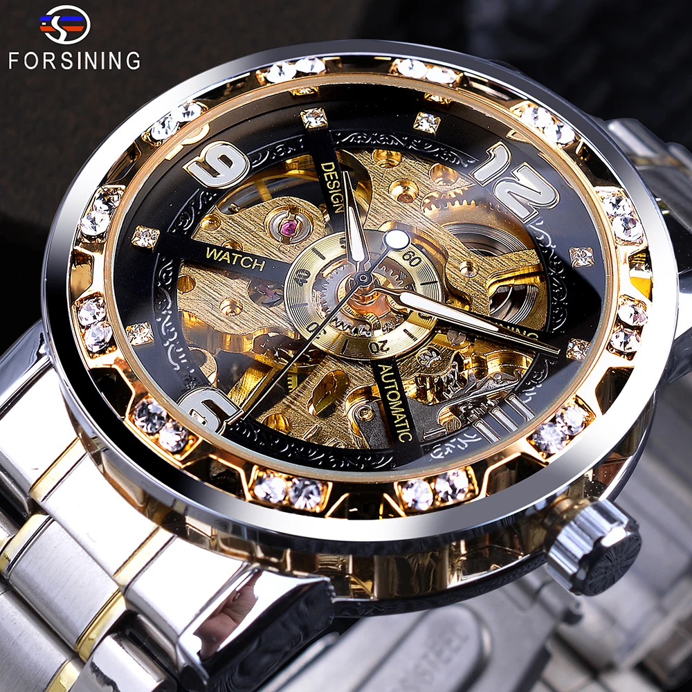 Top Trends: Forsining Fashion Diamond Golden Sliver Skeleton Mechanical Watch Stainless Steel Luminous Men Watches Sport Business Wristwatch Shoppable Styles