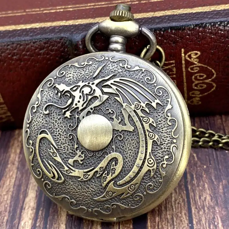 Top Trends: Antique Chinese Dragon Design Bronze Quartz Pocket Watch Necklace Pendant Handmade Clock Souvenir Men Wome Gifts Romatic Shoppable Styles