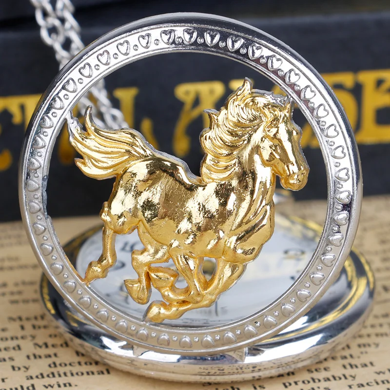 Top Trends: Silver Gold Hollow Running Horse Quartz Pocket Watch Necklace Men Women Gifts With Fob Chain Shoppable Styles - Image 3