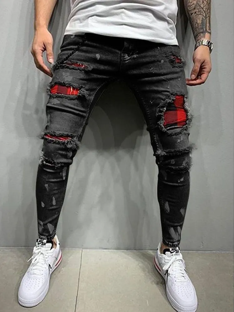 Top Trends: Men&#039;s Skinny Ripped Jeans Fashion Grid Beggar Patches Slim Fit Stretch Casual Denim Pencil Pants Painting Jogging Trousers Men Shoppable Styles