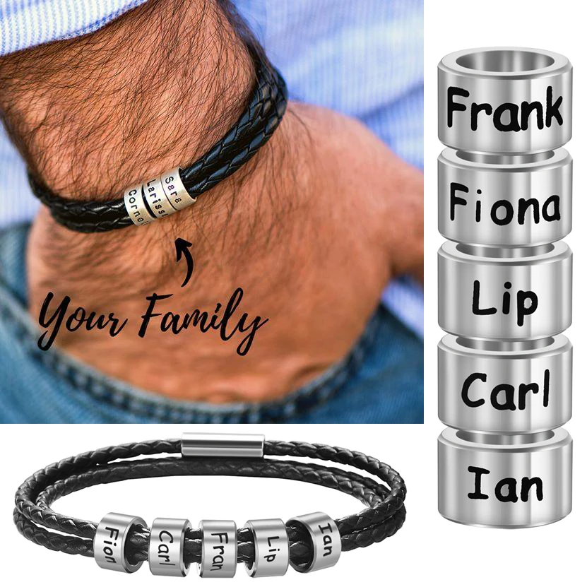 Top Trends: Custom Engrave Family Names Bracelets Personalized Stainless Steel Bead Charms Bracelet Genuine Leather Magnet Clasp Bangle Gift Shoppable Styles