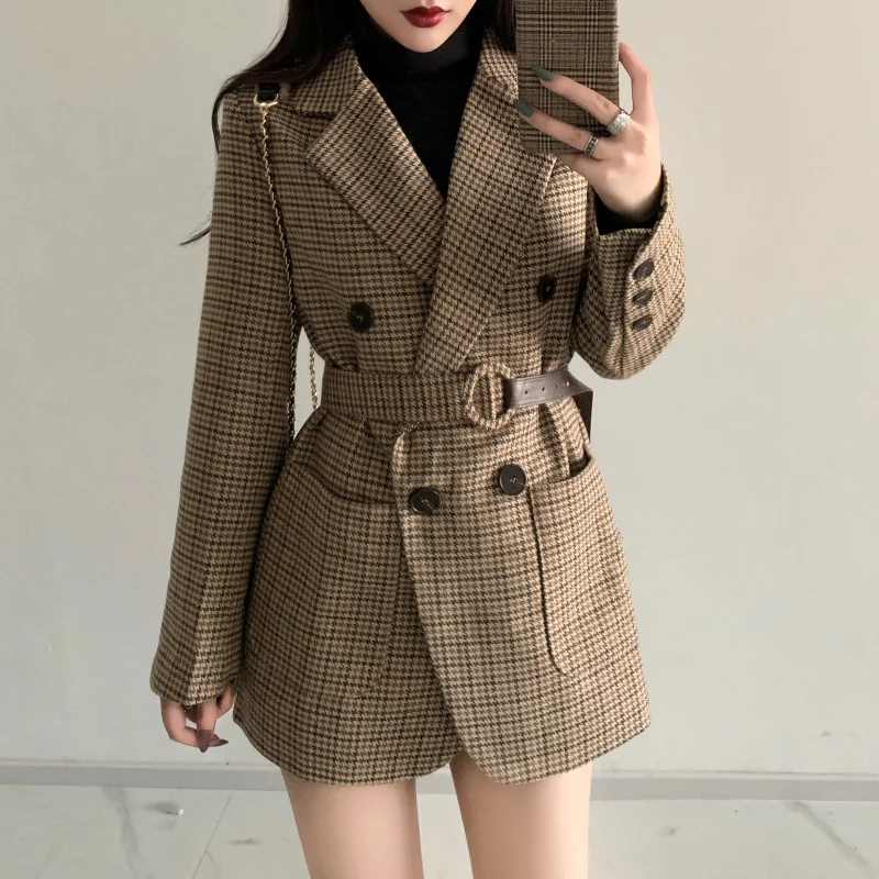 Top Trends: Fashion Double Breasted Office Women Plaid Blazer With Belt Long Sleeve Houndstooth Blazer Suits Coats Female Slim Jacket Coat Shoppable Styles