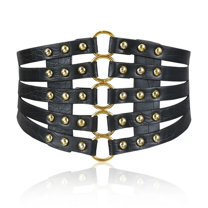 Top Trends: KINHSW Brand Design Vintage Metal Ring Belt Gold Ladies Women Belts Female Fashion Rivet Wide Waist Elastic 5 Straps PU Belt Shoppable Styles - Image 2