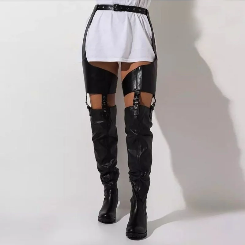 Top Trends: 2023 Winter Women&#039;s Low Heels Belt Thigh High Boots Sexy Pu Leather Over The Knee Knight Long Boots Women Casual Shoes Shoppable Styles