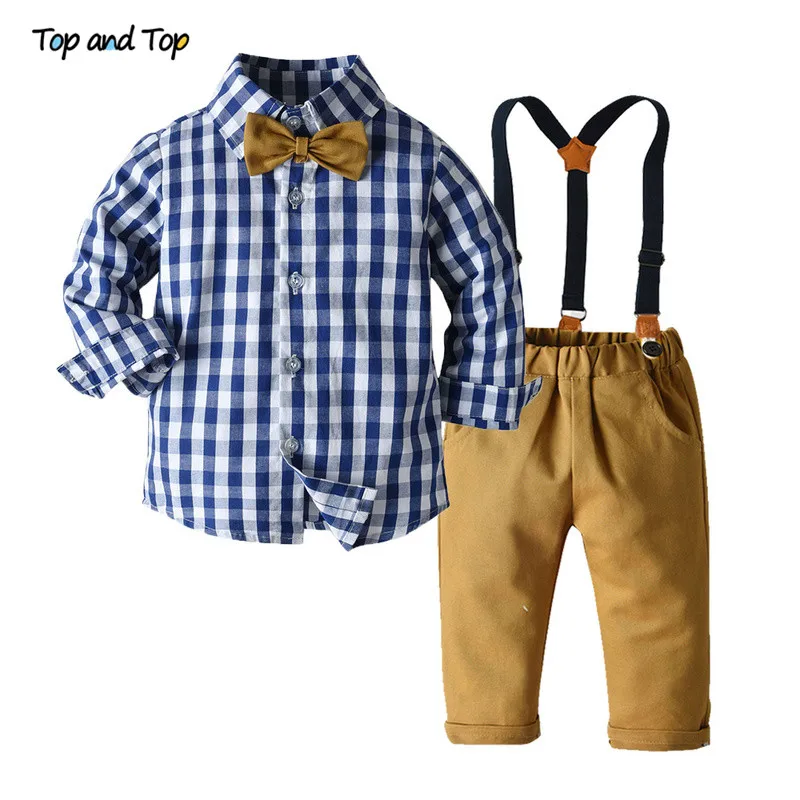 Top Trends: Top And Top Boys Clothing Sets Springs Autumn New Kids Boys Long Sleeve Plaid Bowtie Tops+ Suspender Pants Casual Clothes Outfit Shoppable Styles