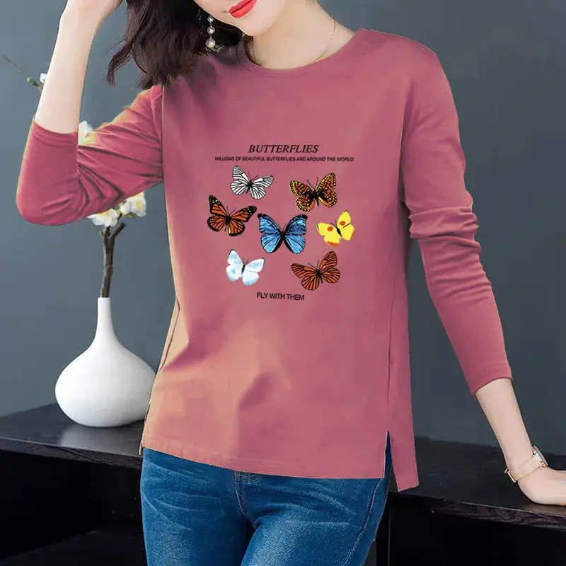 Top Trends: Butterfly Top Women Cotton Long Sleeve Graphic T Shirts Plus Size Women Clothing Female Basic Tee Shirts Tunics Shoppable Styles