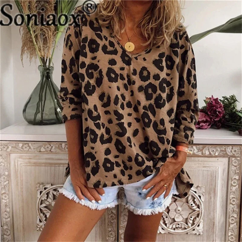 Top Trends: 2021 Autumn Vintage Long Sleeve Tunic Tops Women Sexy V-Neck Blouses Leopard Print Shirt Elegant Casual Loose T-Shirt Blusas Shoppable Styles