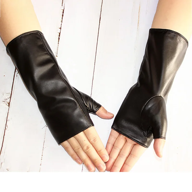 Top Trends: Long Sheepskin Half Finger Gloves Women's Leather Car Driving Men's Outdoor Motorcycle Riding Fingerless Sun Protection Shoppable Styles