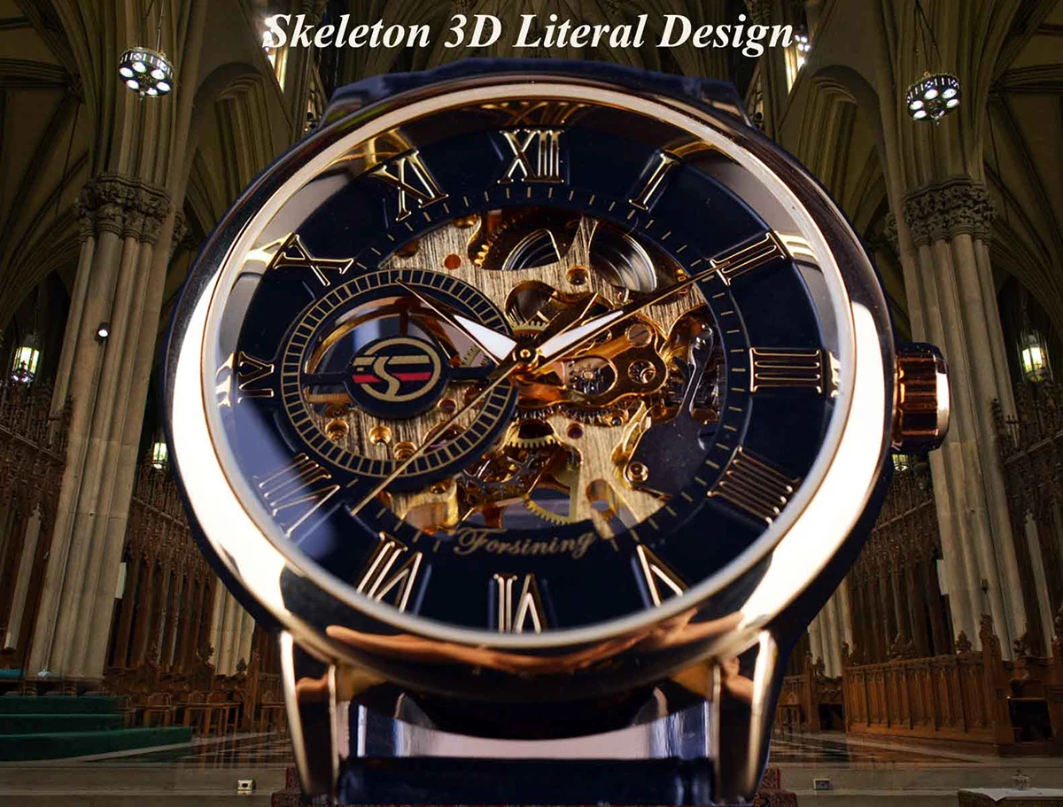 Top Trends: Forsining 3d Logo Design Hollow Engraving Black Gold Case Leather Skeleton Mechanical Watches Men Luxury Brand Heren Horloge Shoppable Styles - Image 2