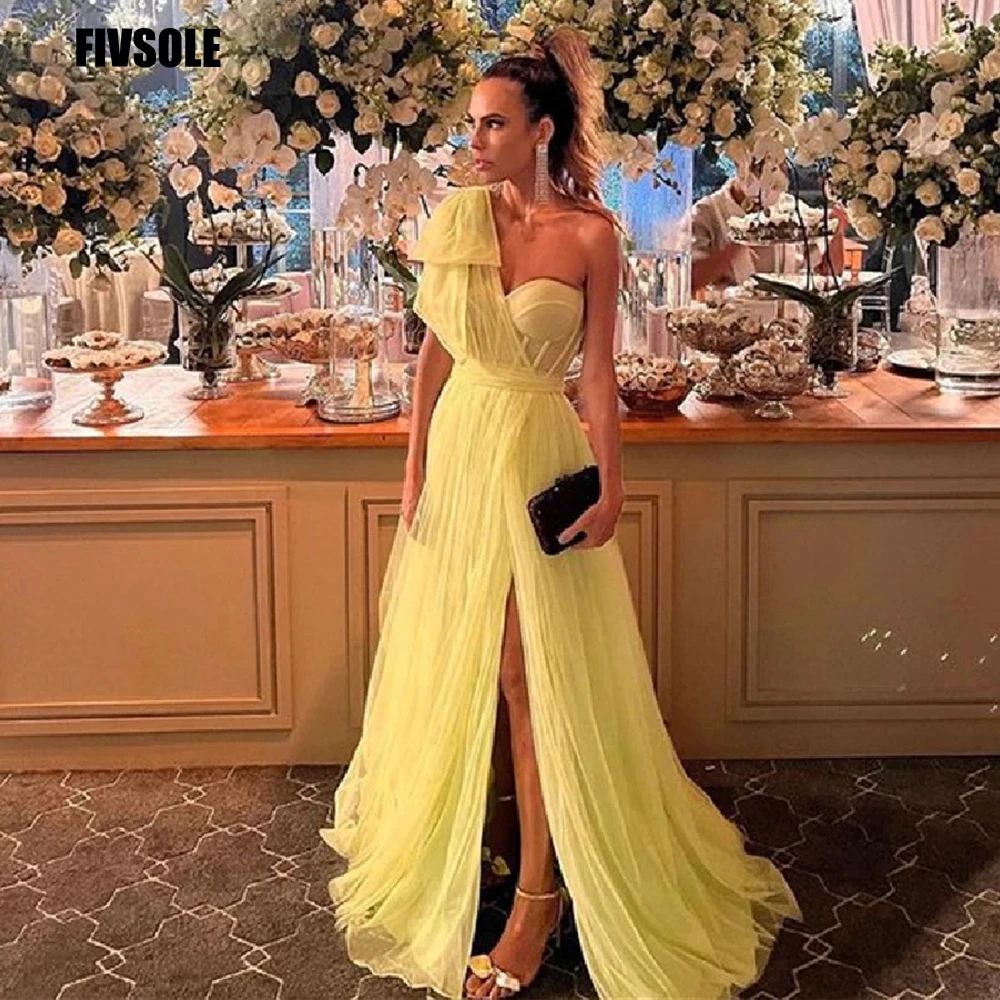 Top Trends: Fivsole Yellow Long A Line Prom Dresses 2022 Sleeveless One Shoulder Side Slit Sweetheart Evening Dress Tulle Formal Party Gowns Shoppable Styles