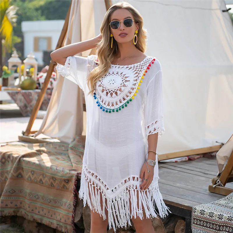 Top Trends: Women Dresses Summer 2023 Cover Ups For Swimwear Women Beachwear Ladies Outlet Tassel 3 / 4 Sleeve Bathing Suit Swimsuit Cover-up Shoppable Styles