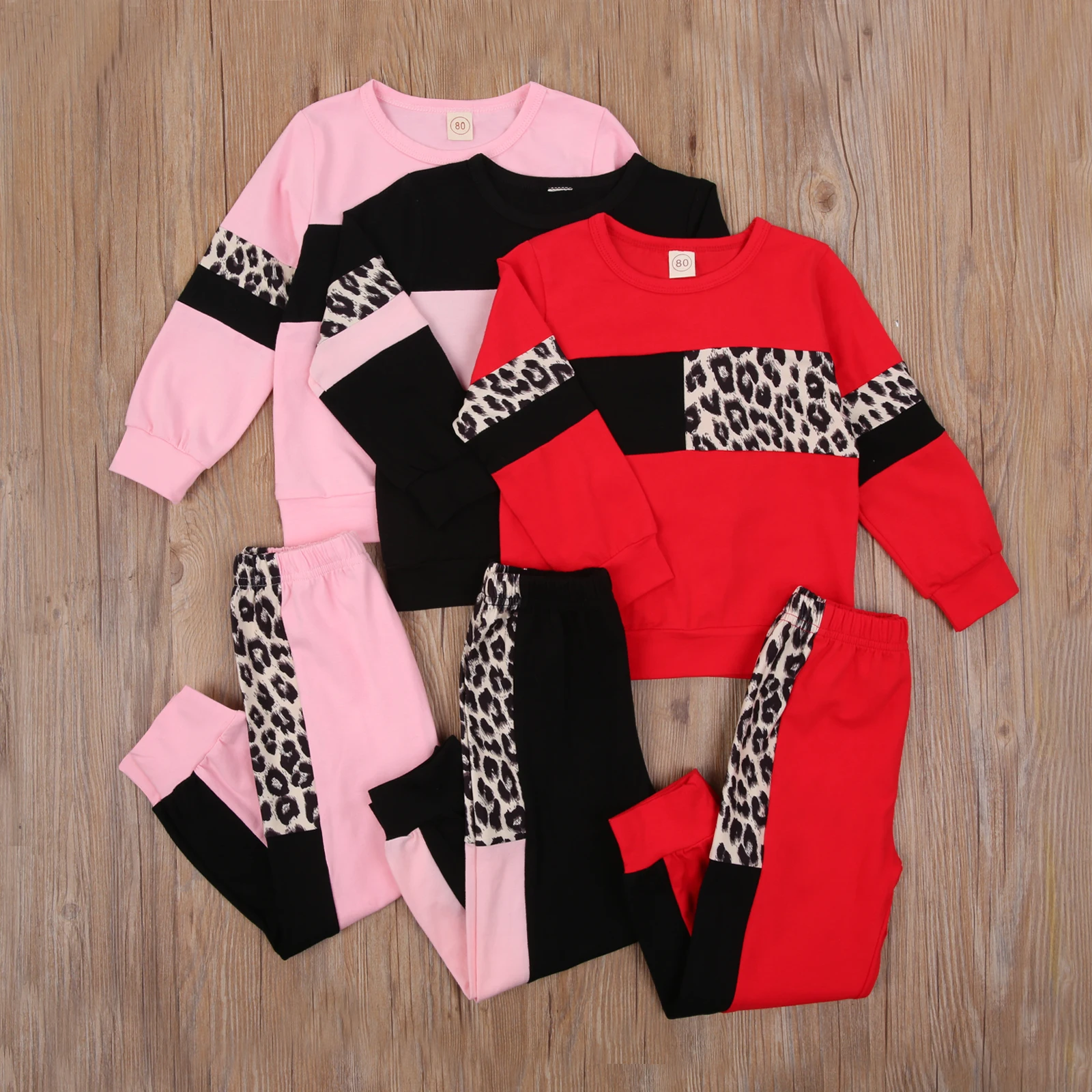 Top Trends: Patchwork Leopard Two Piece Baby Girl Clothes Kids Sportswear Suit Long Sleeve Round Neck Top Elastic Head Long Pants For Autumn Shoppable Styles