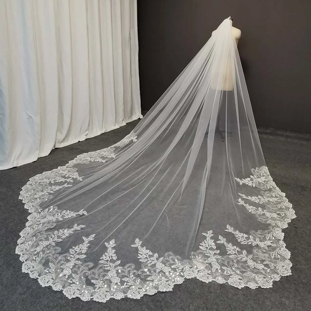 Top Trends: Real Photos Scalloped Edge Bling Sequins Lace Long Wedding Veil With Comb 3.5 Meters 1 Tier Bridal Veil Wedding Accessories Shoppable Styles