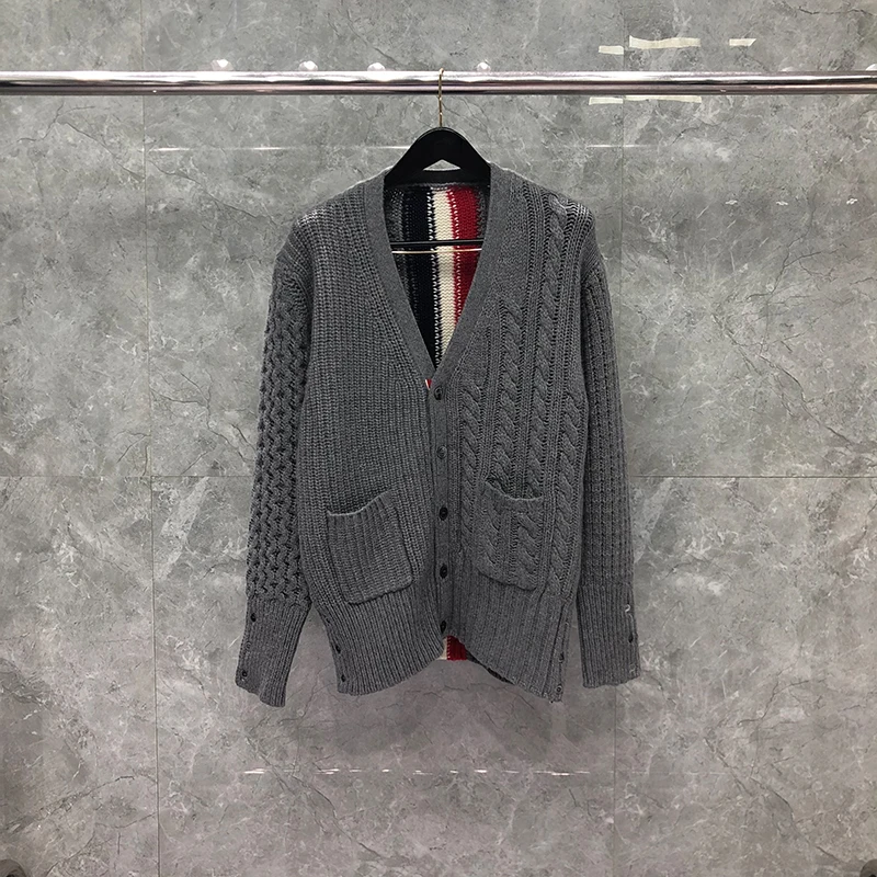 Top Trends: TB THOM Sweater Autunm Winter Sweater Male Fashion Brand Gray Donegal Tweed Filey Stitch Center Back Stripe V-Neck Cardigan Coat Shoppable Styles