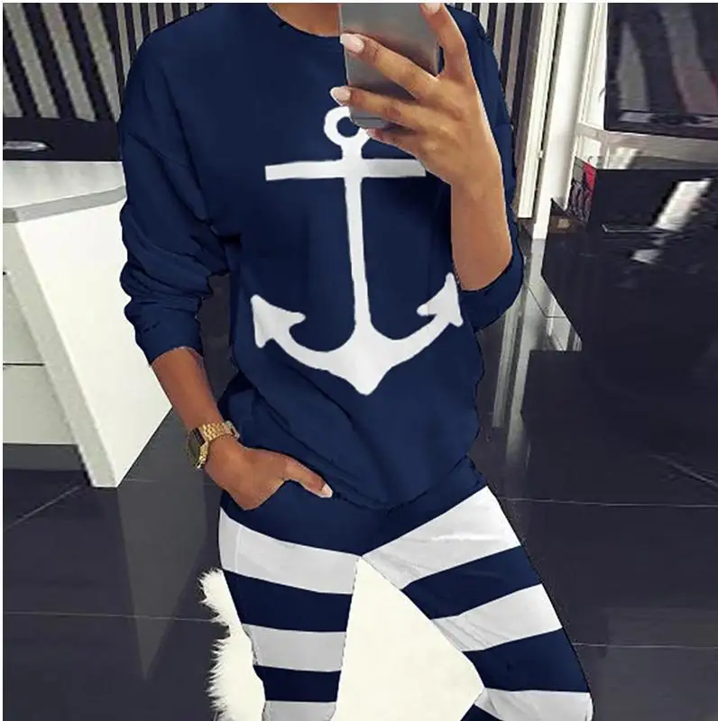 Top Trends: New Anchor Print Women Running Set Autumn Long Sleeve Hoodie+ striped Pants Tracksuit Workout Clothes Sportswear Sports Suit BLUE Shoppable Styles