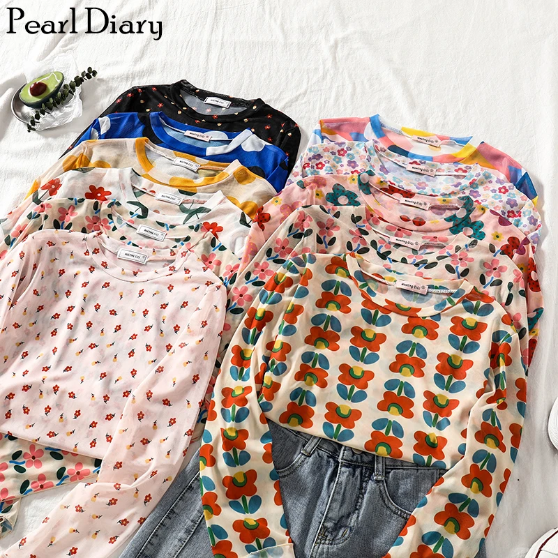 Top Trends: Pearl Diary Women Long Sleeve Tshirts Summer Floral Print Mesh UV Protection Tops Ladies Knit Mesh Beach Casual Hawaiian Tops Shoppable Styles