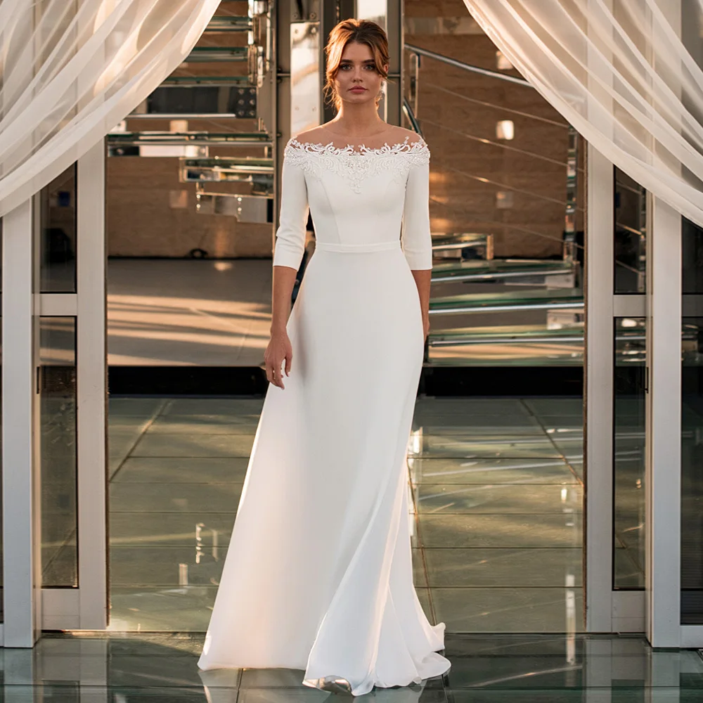 Top Trends: Simple Wedding Dress Elegant New Arrival Boat Neck 3 / 4 Sleeves Beading Appliques A Line Jersey Bridal Gown Robe De Mariee Shoppable Styles