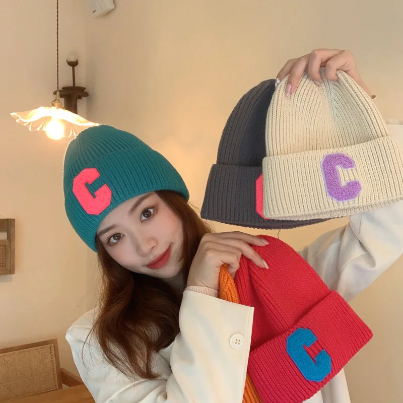 Top Trends: Simple Multi Color Big C Letter Winter Hat Women Winter Unisex Beanie Cap Outdoor Thick Warm Hip Hop Sport Ski Knitted Hats Shoppable Styles