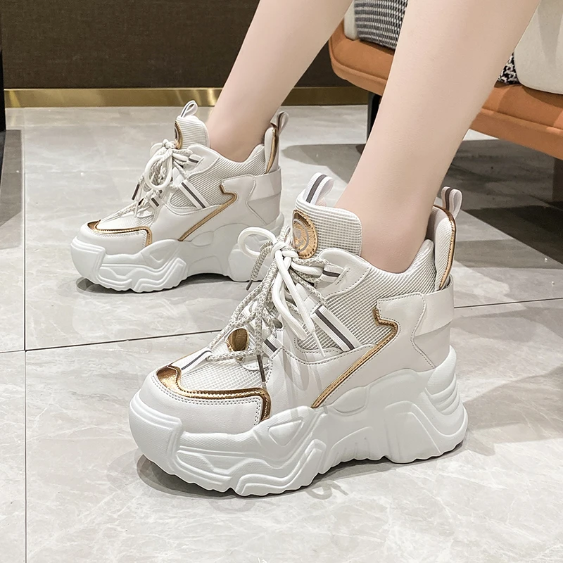 Top Trends: 2022 Spring Thick Sole Casual Dad Shoes Breathable Leather Chunky Sneakers Lace-up 10CM High Platform Sports Shoes Zapatos Mujer Shoppable Styles - Image 5