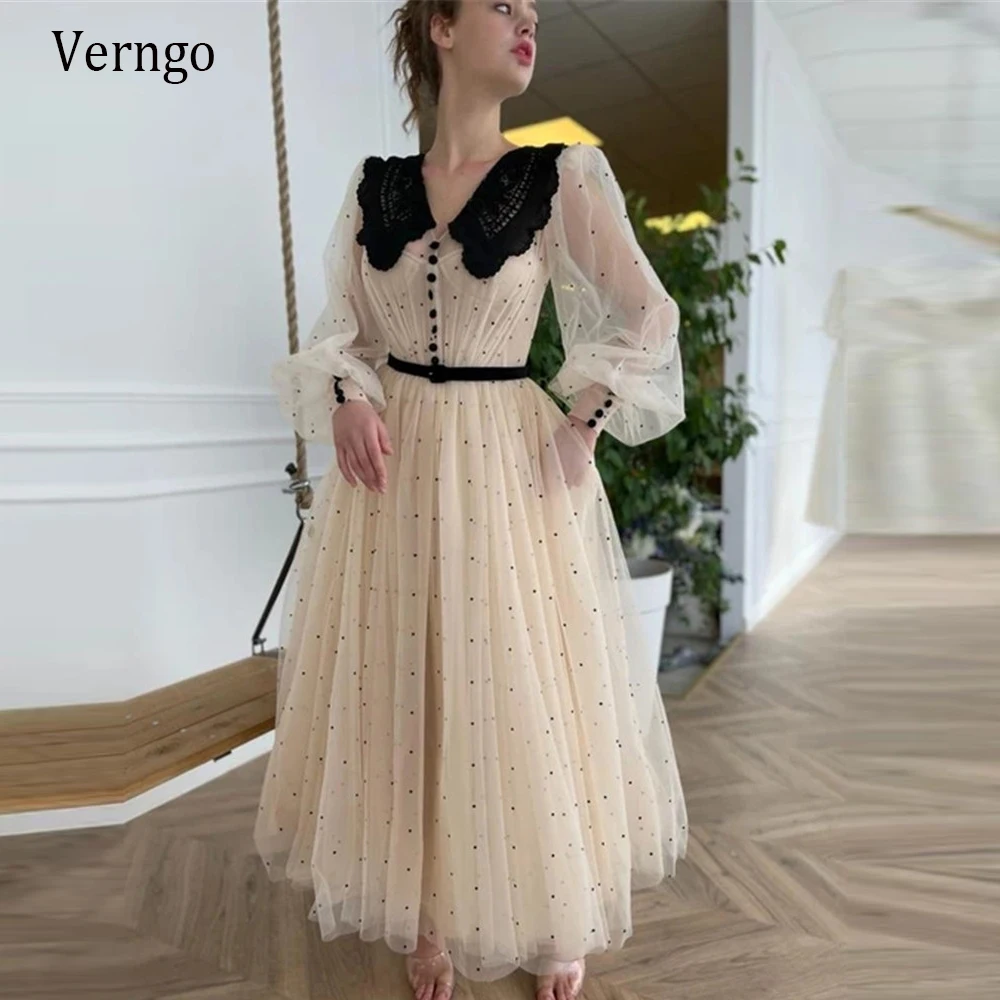 Top Trends: Verngo Retro Creamy Tulle Dotted Tulle Evening Party Dresses With Black Lace Neck Belt Tea Length Arabic Formal Prom Dress Shoppable Styles