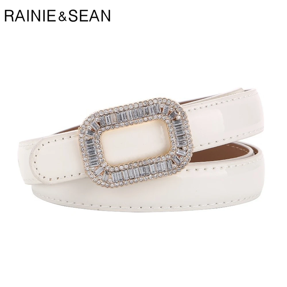 Top Trends: RAINIE SEAN White Patent Leather Women Belt Rhinestone Buckle Waist Belt Thin Ladies Belts For Dress Fashion Brand Accessories Shoppable Styles