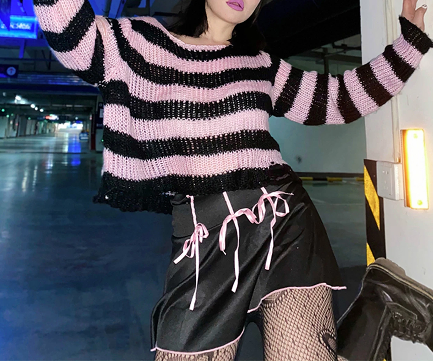 Top Trends: Women Punk Gothic Striped Hollow Out Sweater Color Block Long Sleeve Ripped Oversized Pullovers Retro Casual Knitted Jumpers Shoppable Styles - Image 2