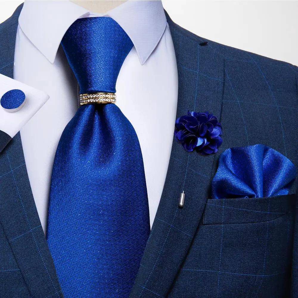 Top Trends: Royal Blue Solid Men&#039;s Silk Ties Brooch Handkerchief Set Formal Business Wedding Necktie Men Neckwear Accessories DiBanGu Shoppable Styles