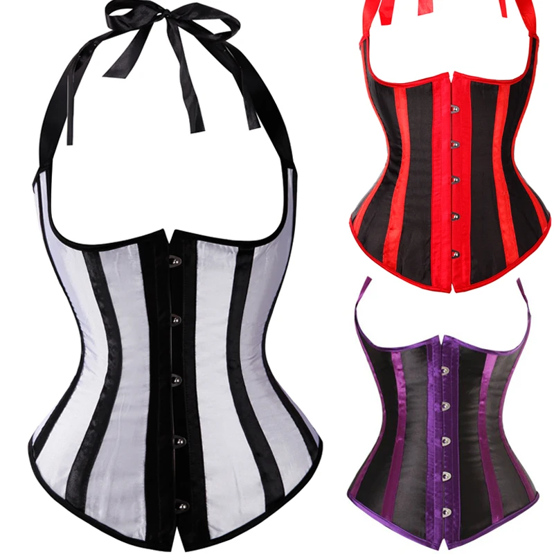 Top Trends: Gothic Satin Waist Trainer Cincher Corsets Bustiers Black / White / Red / Purple Striped Halter Boned Underbust Cupless Body Shaper Shoppable Styles