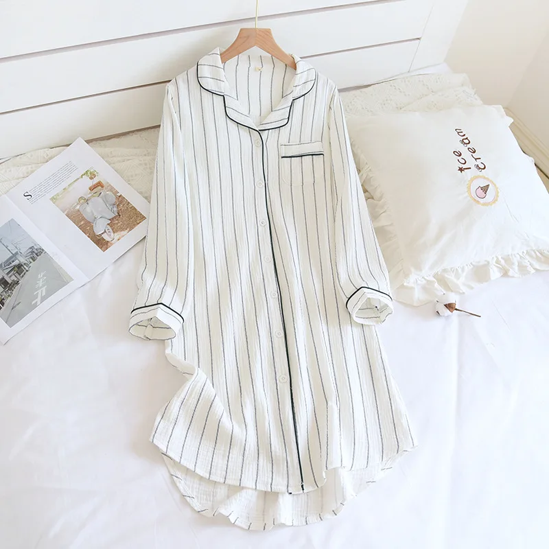 Top Trends: 2024 New Spring And Summer Women's 100% Cotton Long-sleeved Nightdress Home Simple Plus Size Striped Home Nightwear Long Dress Shoppable Styles