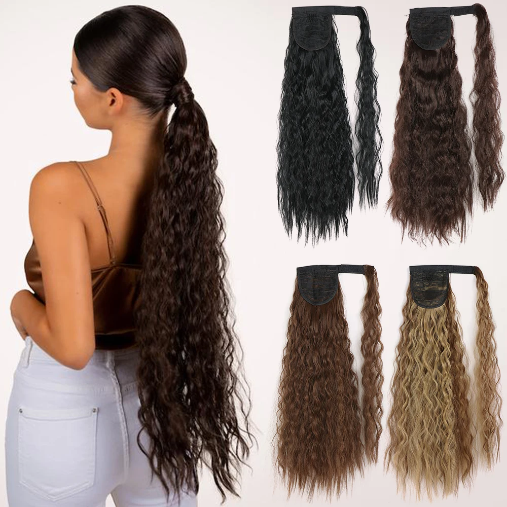 Top Trends: Synthetic Long Corn Wavy Ponytail Hairpiece Wrap On Hair Clip Ombre Brown Blonde Hair Extensions Pony Tail Shoppable Styles