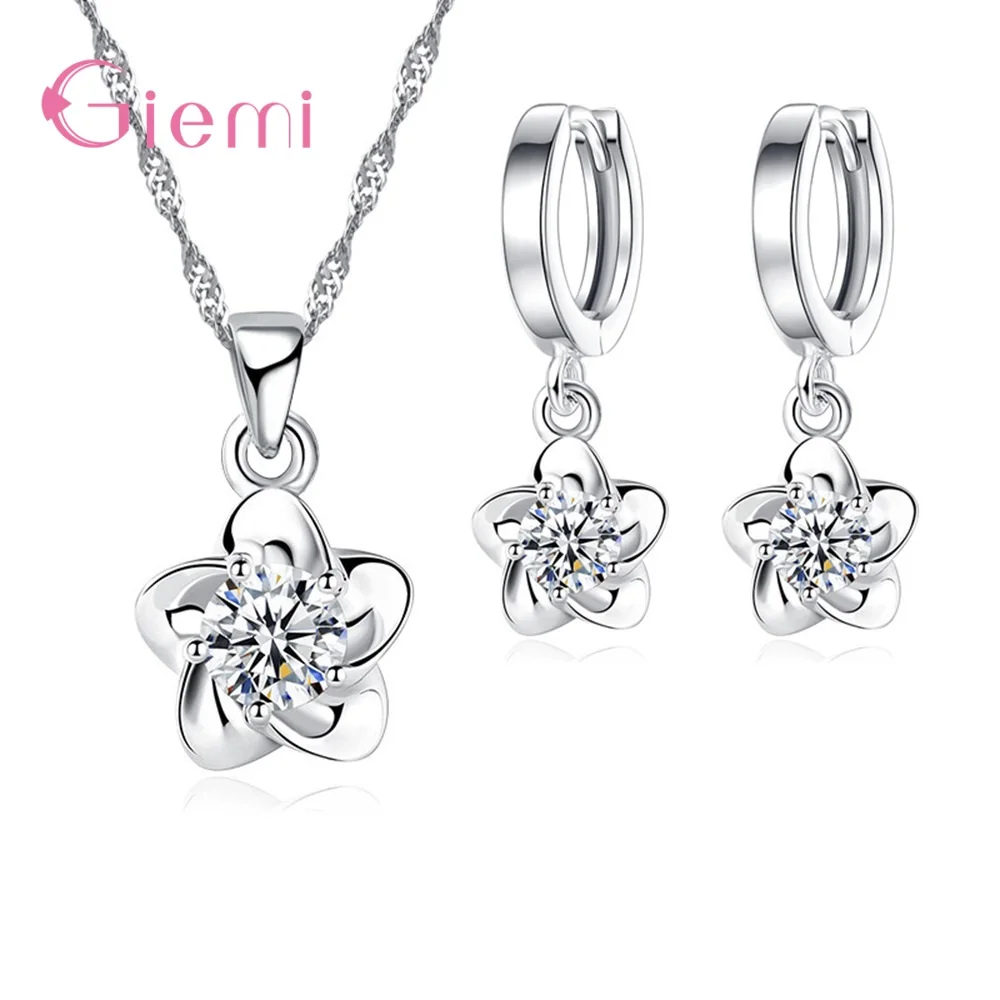 Top Trends: Fashion Simple 925 Sterling Silver Plum Blossom Pendant Necklace Earring For Women Girl Cubic Zircon Jewelry Sets Bijoux Shoppable Styles