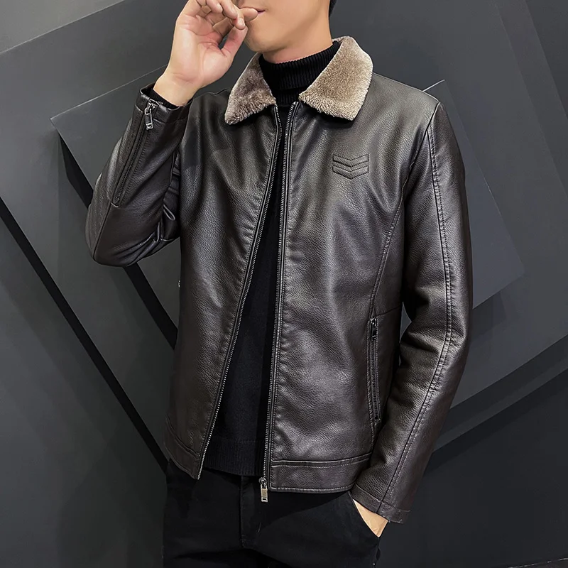 Top Trends: Korean Latest Fleece Fur Leather Jacket Men Winter Fashion Laple Zipper Straight Hem Formal Casual Coats Bomber Leather Jacket Shoppable Styles - Image 3