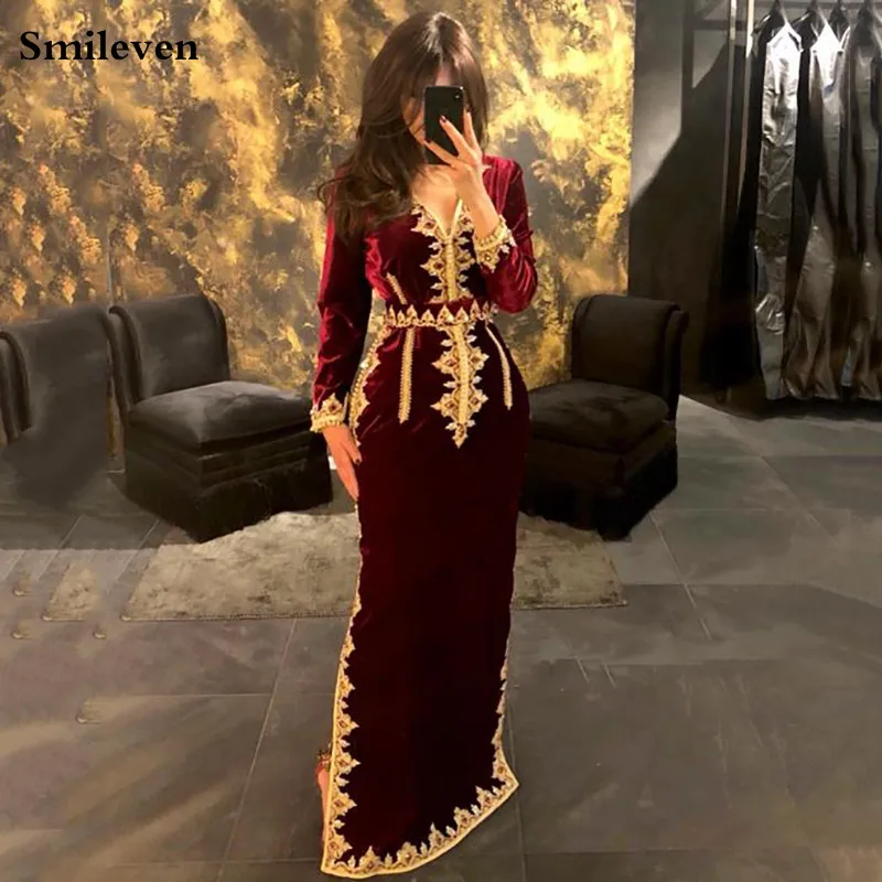 Top Trends: Smileven Morocco Caftan Evening Dresses V Neck Mermaid Prom Dress Velvet Long Sleeve Formal Evening Party Dress Shoppable Styles