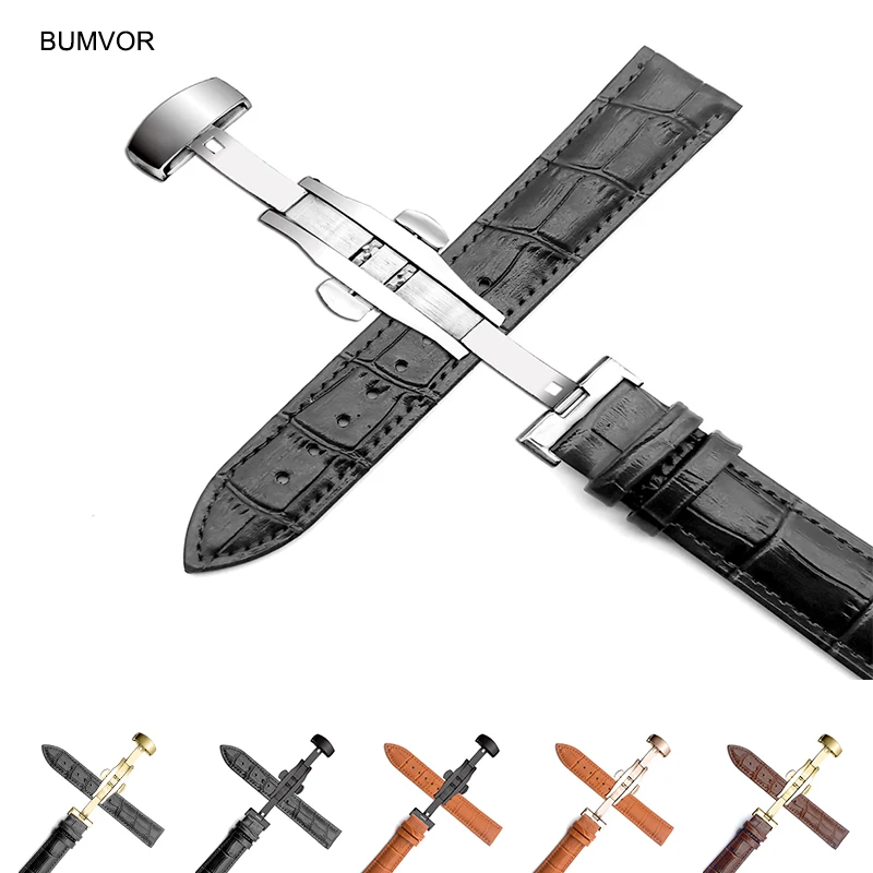 Top Trends: Leather Calfskin Strap Double Button Butterfly Clasp Watchband 16mm 18mm 20mm 22mm 24mm Steel Buckle Universal Wristband Shoppable Styles