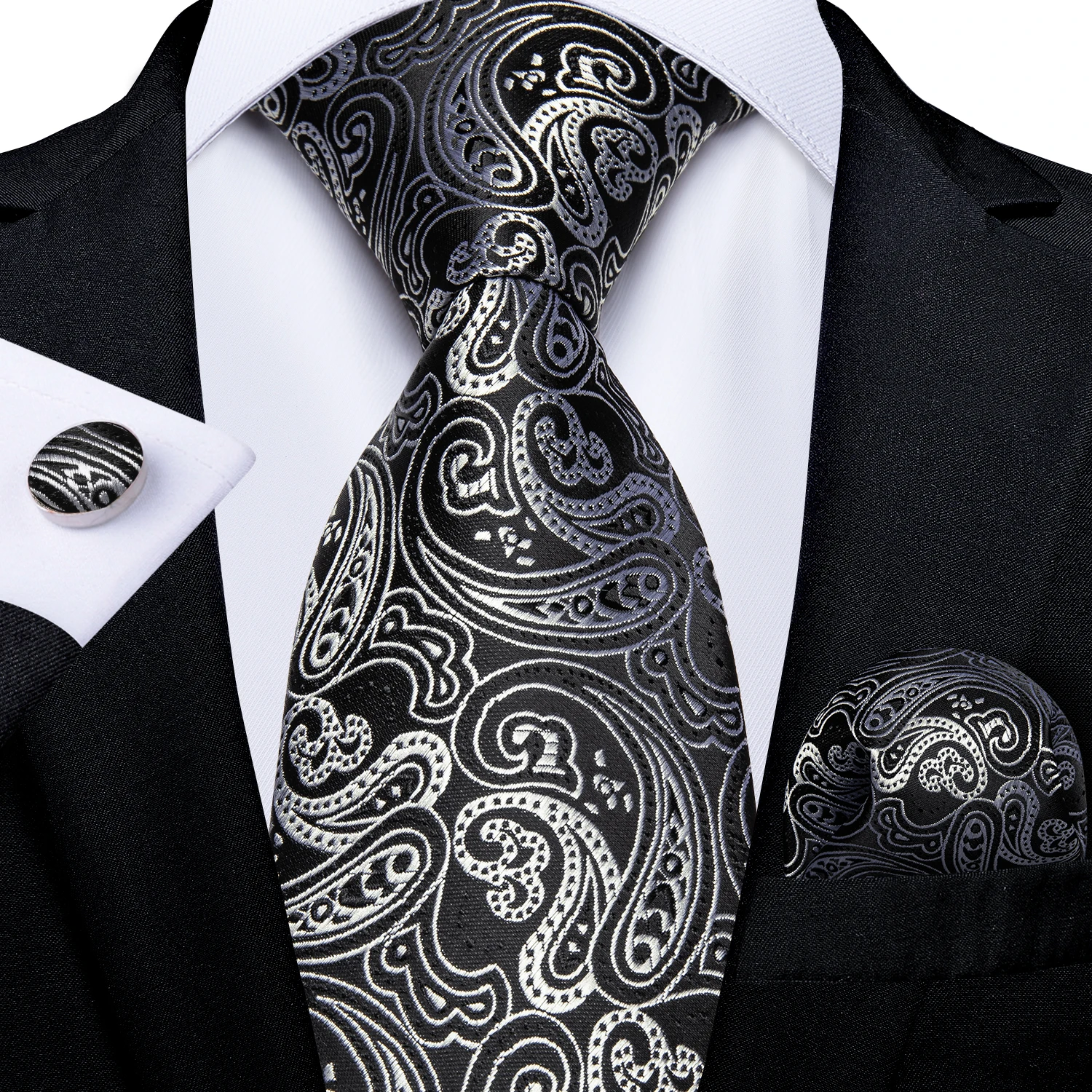 Top Trends: Designer Men's Silk Tie Set Luxury Black Silver Blue Paisley Business Wedding Neck Tie For Men Pocket Square Cufflinks Gift Set Shoppable Styles - Image 2