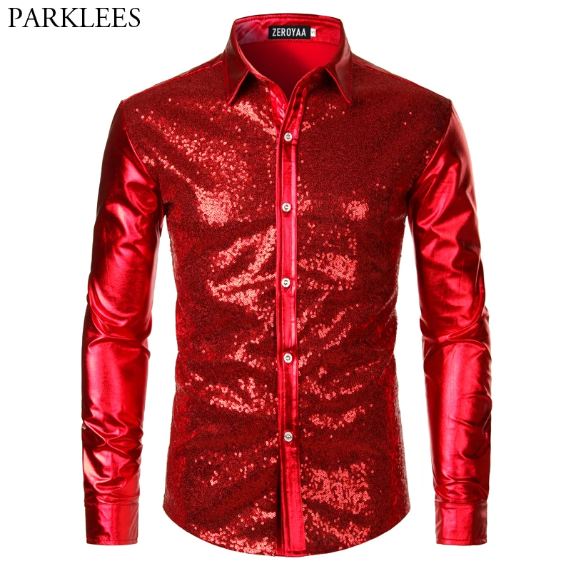 Top Trends: Red Sequin Metallic Patchwork Shirt Men 2023 New 70&#039;s Disco Nightclub Sparkle Shirt Mens Halloween Party Stage Prom Costume 2XL Shoppable Styles