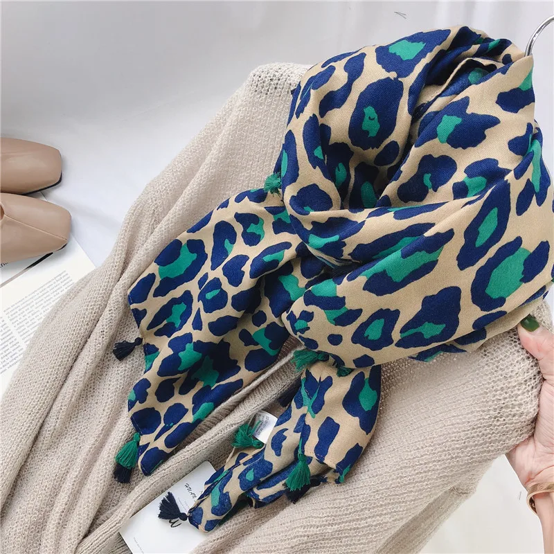 Top Trends: New Women Autumn Cotton Viscose Tassel Scarf Turquoise Leopard Dot Spain Style Wrap Pashminas Stole Muslim Hijab Sjaal 180*100cm Shoppable Styles