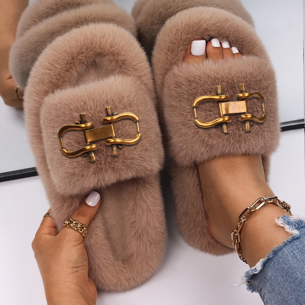 Top Trends: Fashion Slippers Women Buckle Decor Furry Slides Ladies Fluffy Flip Flops Luxury Designer Fur Sandals Cute Slippers Casual Shoes Shoppable Styles